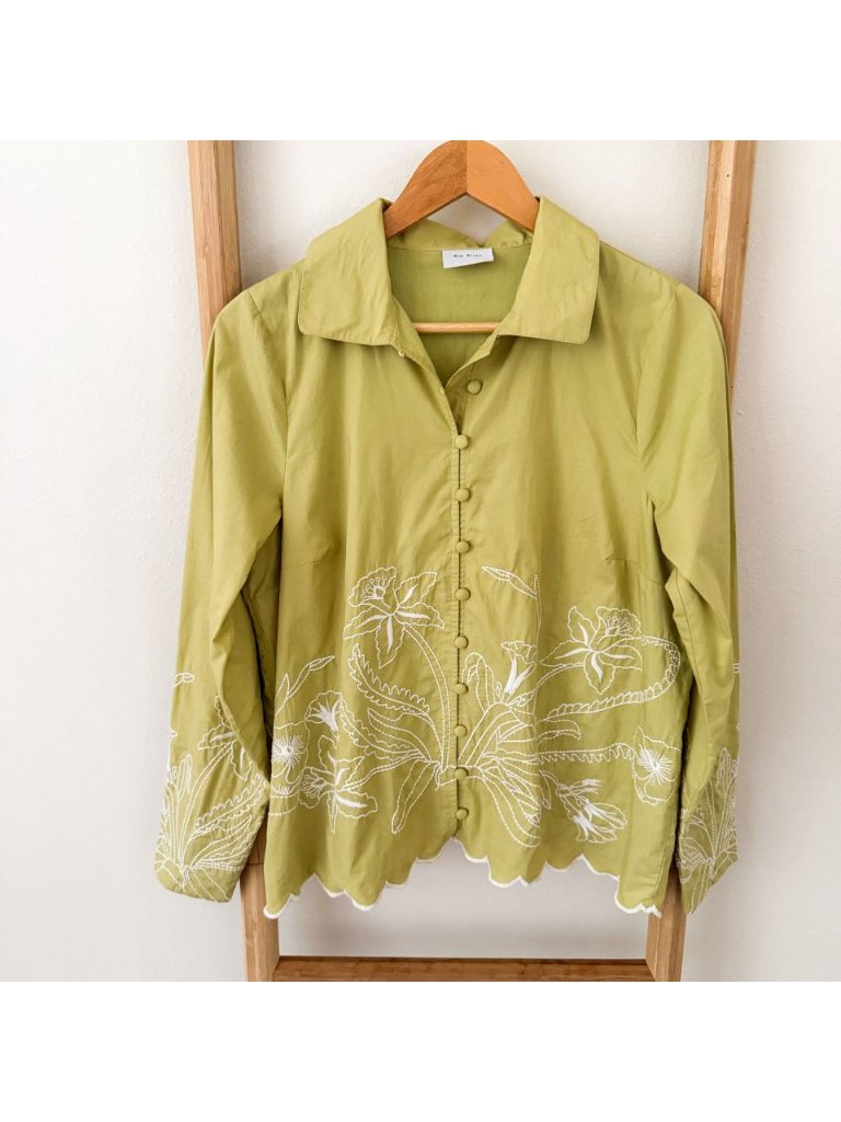 Nwot Rue Stiic S Embroidered Cotton Button Front Blouse Olive Green Scalloped — image 2 of 8